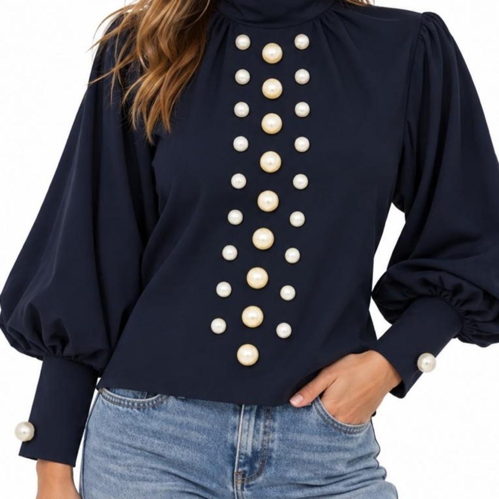 UOOZEE Loose Puff Sleeve Solid Color High Neck Embellished Blouse Shirt Top
